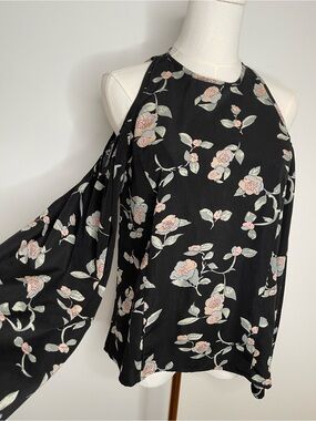 Lucca Black Darm Moody Floral Open Cold Shoulder Romantic Bell Long Sleeves Top